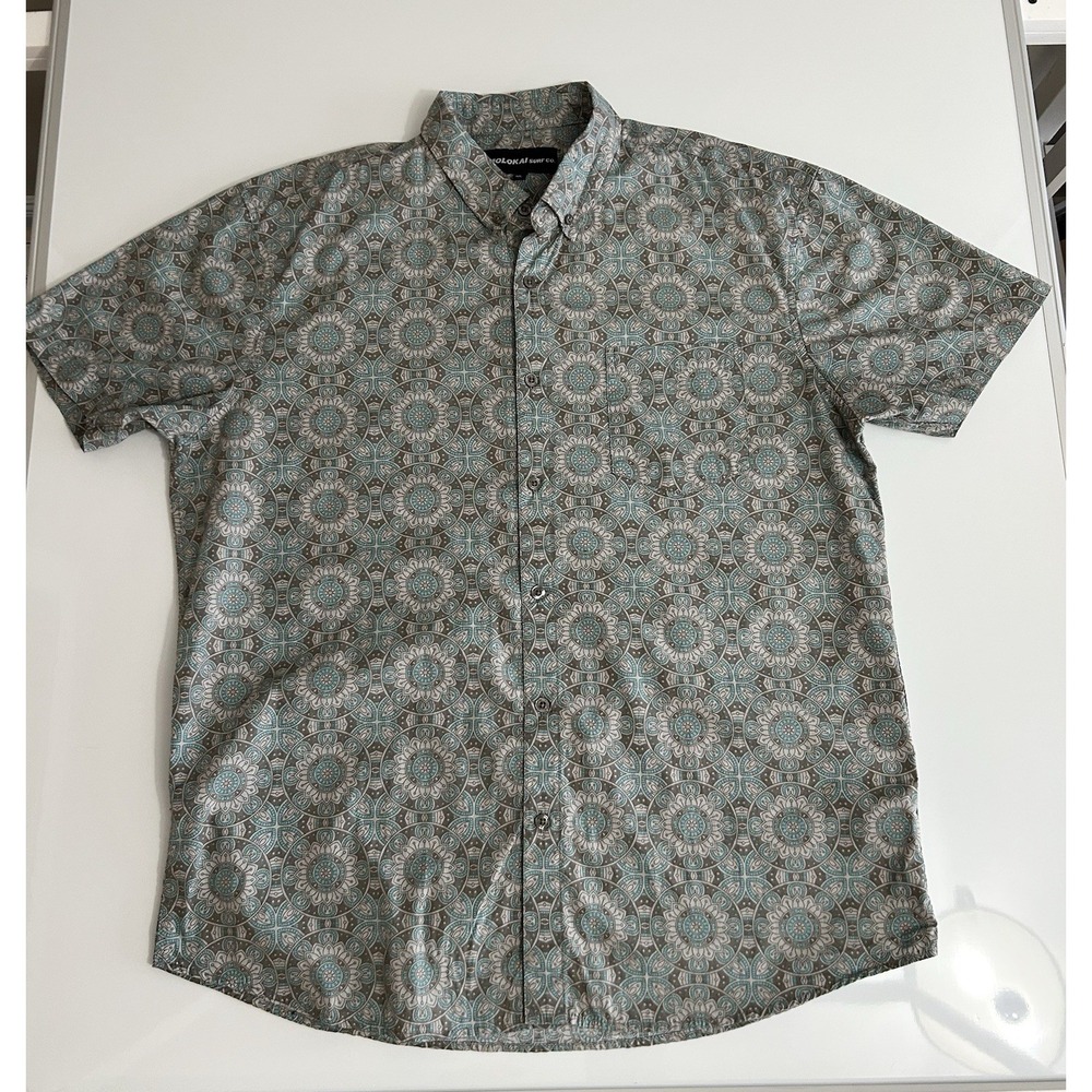 MOLOKAI SURF CO Mens Button Up Shirt Short Sleeve Geometric Print Size XL‎